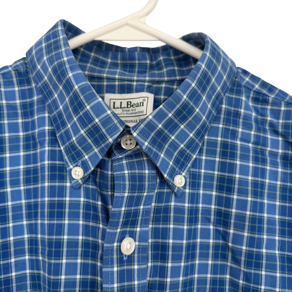 LL Bean Mens Traditional Fit Plaid Short Sleeve Button Down‎ Shirt Blue Green M - Picture 4 of 5